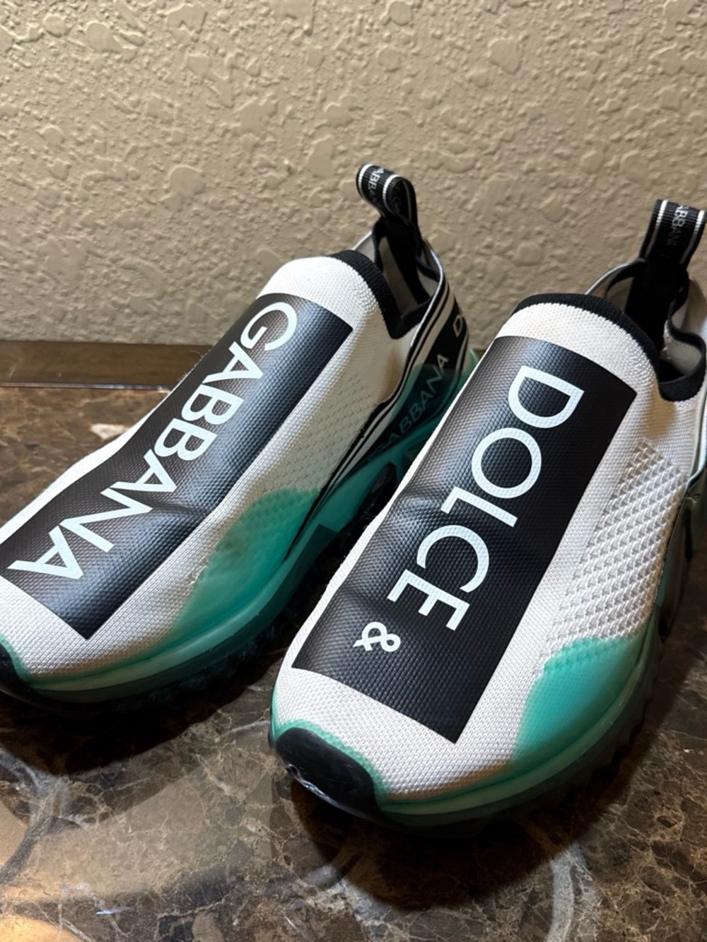Dolce & Gabbana White and Teal Slip-On Logo Sneakers